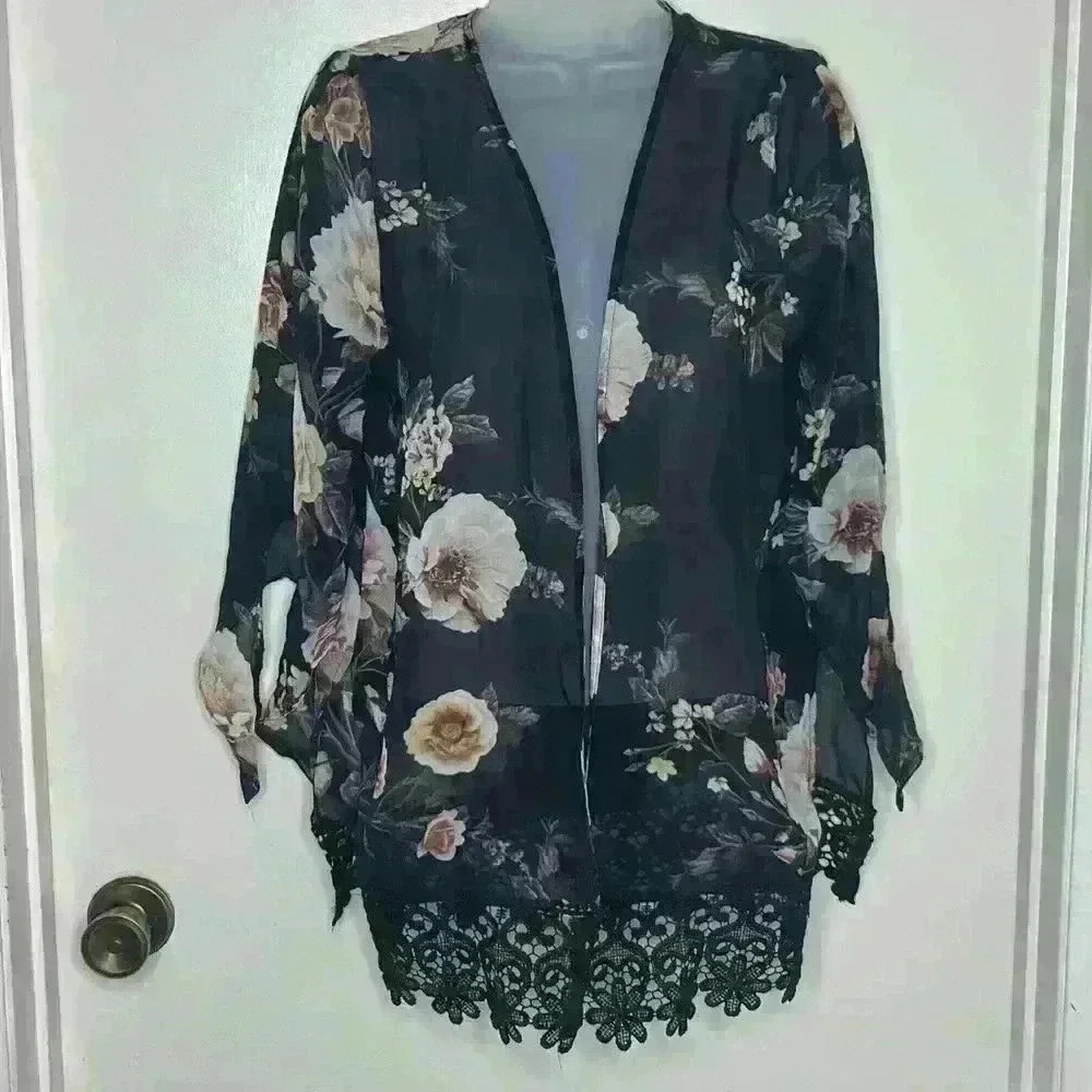 Iris Sz S Womens Black Sheer Floral Open Front Kimono Side Splits Lace